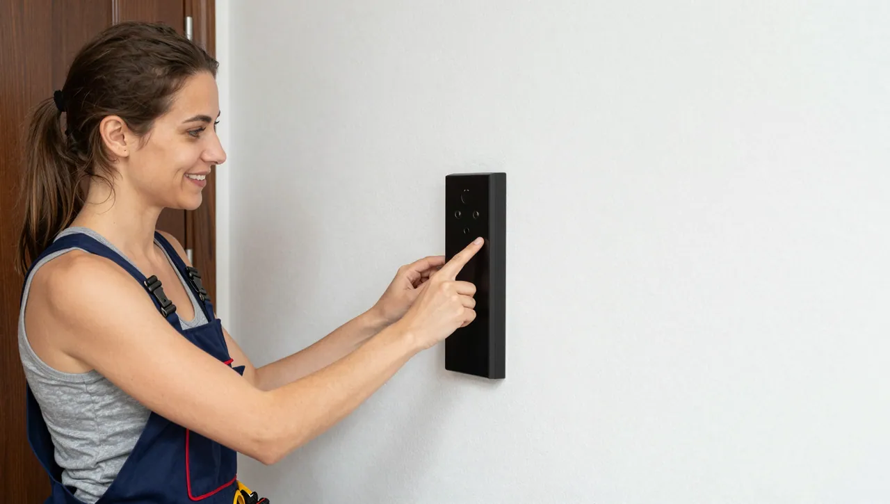 Fachfrau bedient ein Zutrittsterminal an der Wand