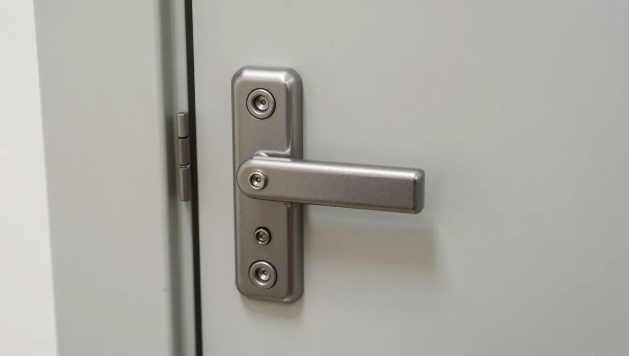 Bandseitensicherung an einer Wohnungstür, Nahaufnahme