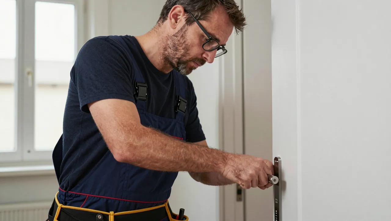 Fachmann richtet eine Riegelstange an einer Wohnungstür aus