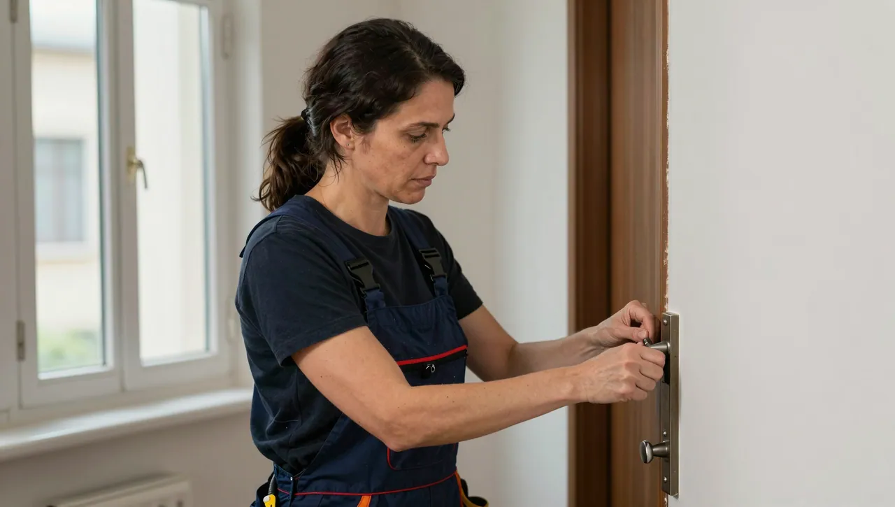 Fachfrau arbeitet am Türband einer Altbautür