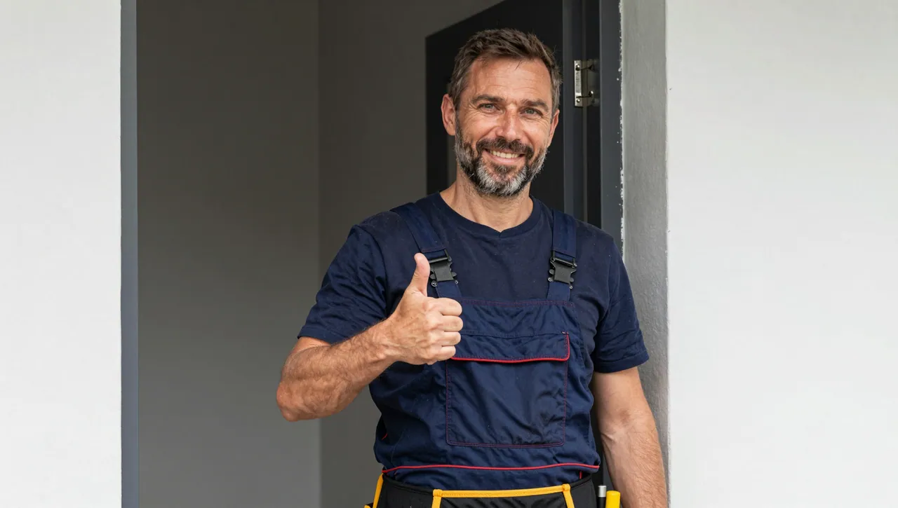Fachmann des Betriebs an einer geöffneten Wohnungstür