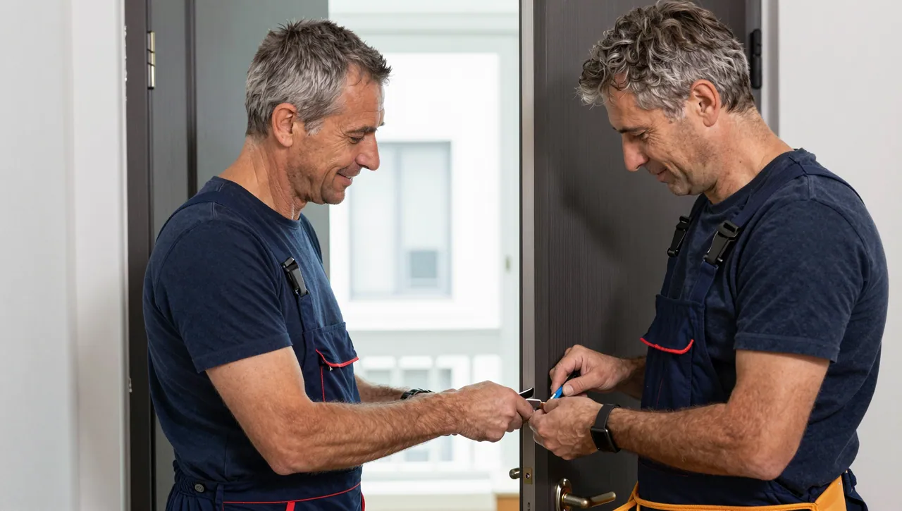 Zwei Fachkräfte besprechen einen Türbeschlag